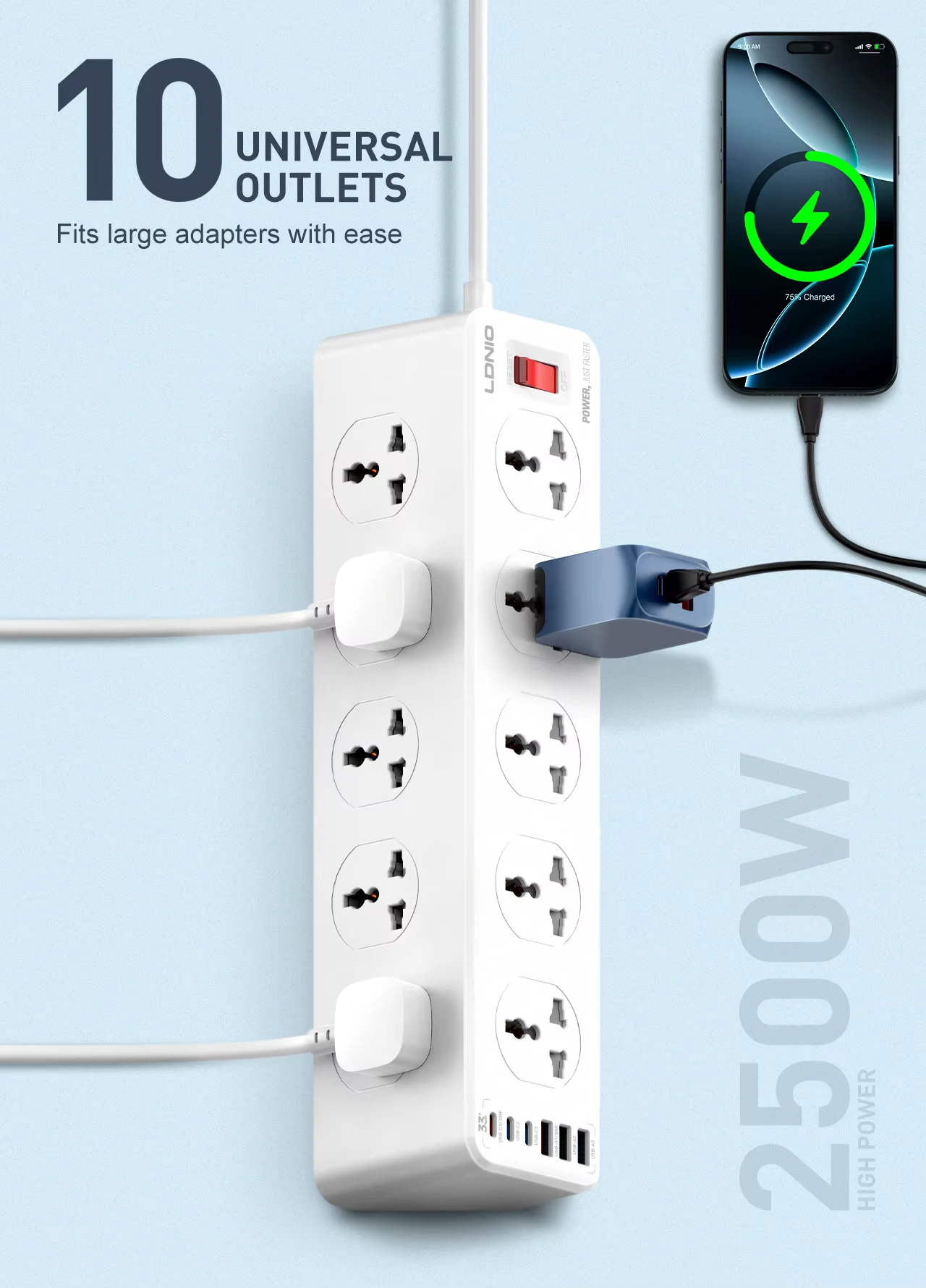 LDNIO SC10610C Power Strip With 10 Outlets & 6 USB Ports
