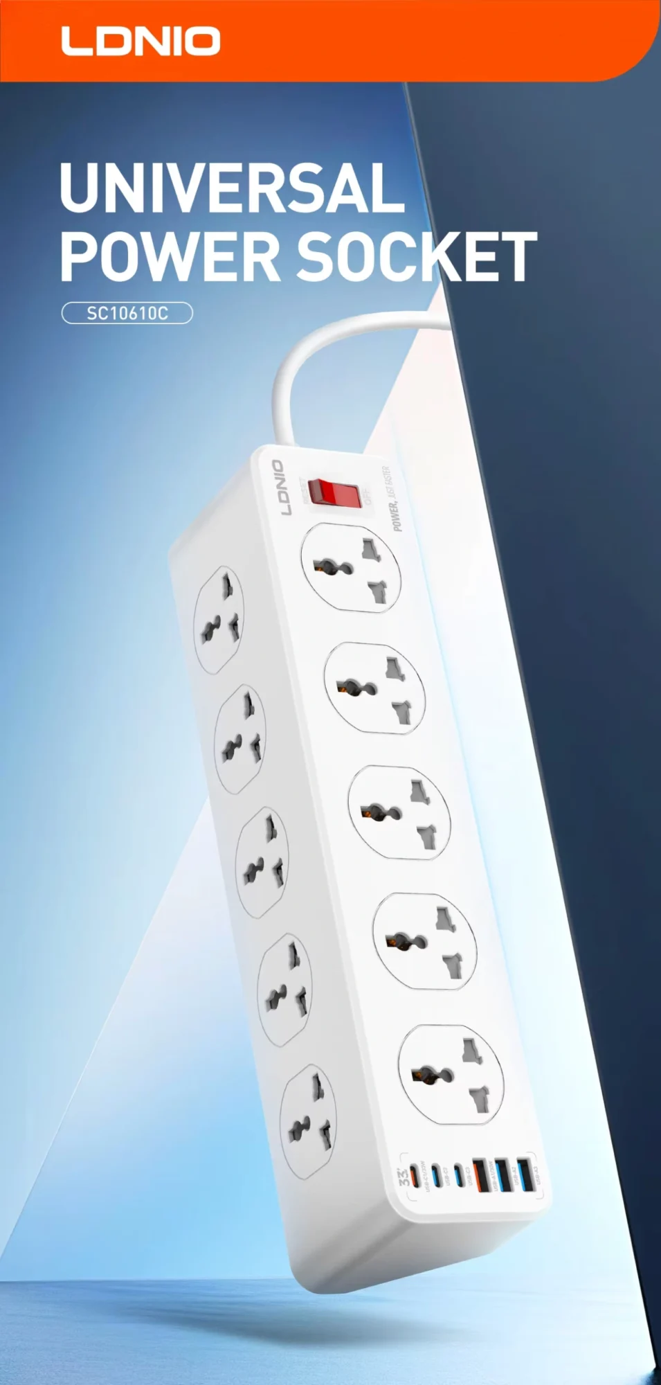 LDNIO SC10610C Power Strip With 10 Outlets & 6 USB Ports