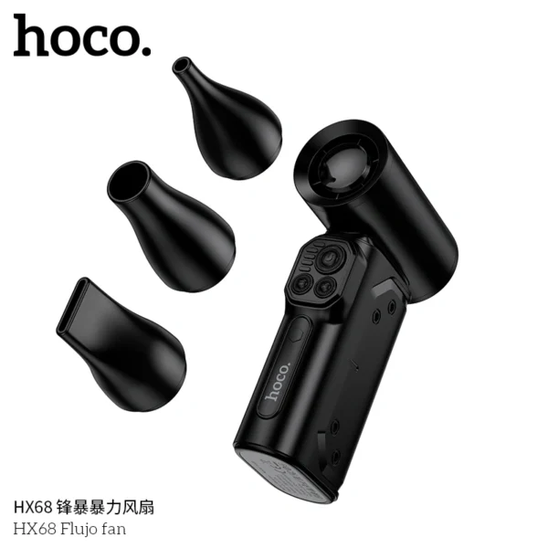 Specifications Material: ABS + Electronic Components Maximum Speed: 130,000 RPM Battery: 4000mAh × 2 (21700, 7.4V) Charging Time: 4 Hours Working Time: 10–60 Minutes Noise Level: ~90 dB Display: Power and RPM Indicator Accessories: 3 Nozzles and Charging Cable Weight: 290g Why Choose Hoco HX68 Flujo Turbo Fan? High-speed airflow in a compact design Smart digital display for precise control Long-lasting dual battery system Ideal for gadgets, vehicles, and home cleaning