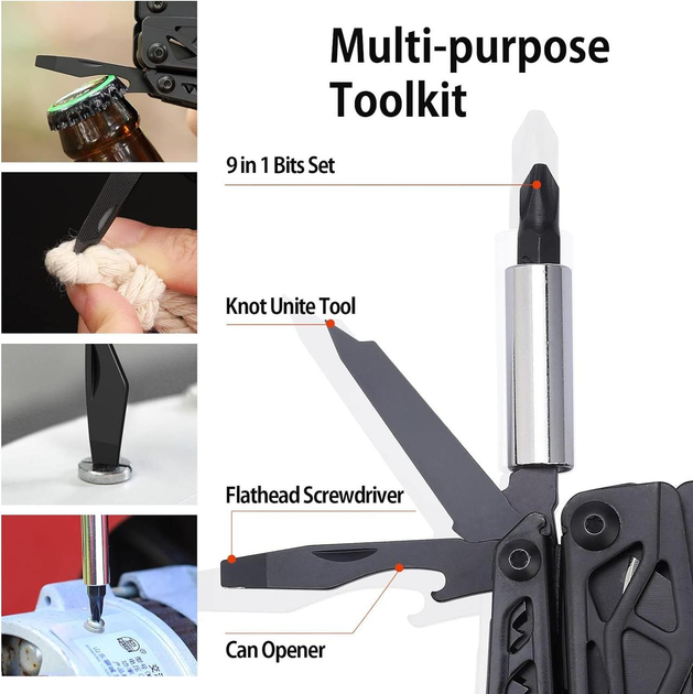 Write a SEO friendly and user friendly description for this woo-commerce product with minimum of 800 words, add headings and meta description in first section, add a FAQ section,add a specification section, add a sell convince for this product and also suggest link to browse more this type products ,Find best SEO friendly title to give the product title for this.,,,,,Main Feature of NexTool Black Knight Multifunctional Pliers 11 in 1 (NE20245) : 11 in 1 multi-function tool. The NexTool Black Knight can be used as needle nose pliers, regular pliers, wire cutters, scissors, knife, saw, bottle opener, flat screwdriver, Phillips screwdriver, nail file, knot tying tool. The kit includes a 9-in-1 bit set (Philips screwdriver – PH1, PH2, PH3. Flat screwdriver – #3, #5, #7. Wrench – H3, H4, H5), magnetic bit set holder, ready for camping, fishing or emergencies, suitable for any home improvement. A game-changing EDC multitool. The NexTool Black Knight multitool features multi-purpose pliers as well as full-size lever scissors, providing far more utility than the folding micro-scissors found on pocket knives and other multi-tools. Having a pair of sturdy scissors on hand and at work has proven invaluable. It can be adapted to easily cut rope, paracord, and paper, open bottles and wood saw while camping, cut a seat belt in an emergency, and pull wires through small gaps. Overall, it’s a great EDC tool. Strong for one-handed opening. The NexTool multi-tool knife is made of 30Cr13 stainless steel , which has high hardness and high strength, durable and rust-proof, and the performance is guaranteed even after years of use. You can access the blade and open it with one hand, cutting rope, twine, plastic tie, branches and paper, which is a unique feature of this multi-tool. Foldable and portable. The multi-function pocket knife measures 106 x 36 x 21 mm and weighs 203±5 g (folded), it feels nothing when put in any bag (set weight 287 g). The movable design saves space, comes with a pocket clip and an upgraded nylon sheath, which is easier to attach or hang on the waist when camping, fishing and hiking. 9 in 1 screwdriver set with strong magnetic connection, a set of bits that can be attached and held in place, perfect as a bicycle accessory, also perfect for camping, cycling, hiking, fishing and doing housework. Functions 11 in 1. 1. Needle-nose pliers 2. Regular pliers 3. Mini wire cutters 4. Wood saw with two rows of teeth 5. Phillips screwdriver and holder 6. Bottle opener 7. Nail file 8. Knot untie tool 9. Slotted screwdriver (flat) 10. Knife 11. Scissors.