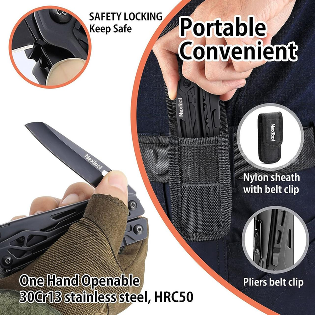 Write a SEO friendly and user friendly description for this woo-commerce product with minimum of 800 words, add headings and meta description in first section, add a FAQ section,add a specification section, add a sell convince for this product and also suggest link to browse more this type products ,Find best SEO friendly title to give the product title for this.,,,,,Main Feature of NexTool Black Knight Multifunctional Pliers 11 in 1 (NE20245) : 11 in 1 multi-function tool. The NexTool Black Knight can be used as needle nose pliers, regular pliers, wire cutters, scissors, knife, saw, bottle opener, flat screwdriver, Phillips screwdriver, nail file, knot tying tool. The kit includes a 9-in-1 bit set (Philips screwdriver – PH1, PH2, PH3. Flat screwdriver – #3, #5, #7. Wrench – H3, H4, H5), magnetic bit set holder, ready for camping, fishing or emergencies, suitable for any home improvement. A game-changing EDC multitool. The NexTool Black Knight multitool features multi-purpose pliers as well as full-size lever scissors, providing far more utility than the folding micro-scissors found on pocket knives and other multi-tools. Having a pair of sturdy scissors on hand and at work has proven invaluable. It can be adapted to easily cut rope, paracord, and paper, open bottles and wood saw while camping, cut a seat belt in an emergency, and pull wires through small gaps. Overall, it’s a great EDC tool. Strong for one-handed opening. The NexTool multi-tool knife is made of 30Cr13 stainless steel , which has high hardness and high strength, durable and rust-proof, and the performance is guaranteed even after years of use. You can access the blade and open it with one hand, cutting rope, twine, plastic tie, branches and paper, which is a unique feature of this multi-tool. Foldable and portable. The multi-function pocket knife measures 106 x 36 x 21 mm and weighs 203±5 g (folded), it feels nothing when put in any bag (set weight 287 g). The movable design saves space, comes with a pocket clip and an upgraded nylon sheath, which is easier to attach or hang on the waist when camping, fishing and hiking. 9 in 1 screwdriver set with strong magnetic connection, a set of bits that can be attached and held in place, perfect as a bicycle accessory, also perfect for camping, cycling, hiking, fishing and doing housework. Functions 11 in 1. 1. Needle-nose pliers 2. Regular pliers 3. Mini wire cutters 4. Wood saw with two rows of teeth 5. Phillips screwdriver and holder 6. Bottle opener 7. Nail file 8. Knot untie tool 9. Slotted screwdriver (flat) 10. Knife 11. Scissors.