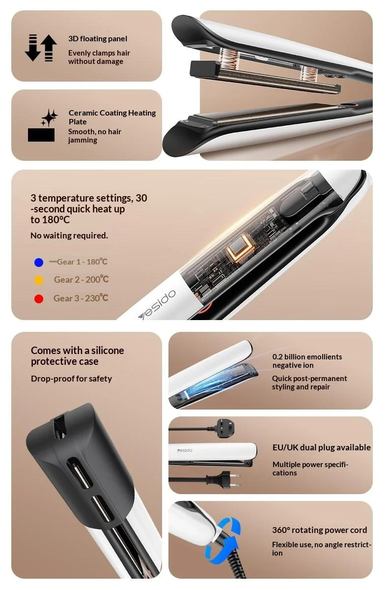Yesido MG31 Hair Straightener – 230°C Negative Ion Ceramic Fast Heating Hair Styling Iron