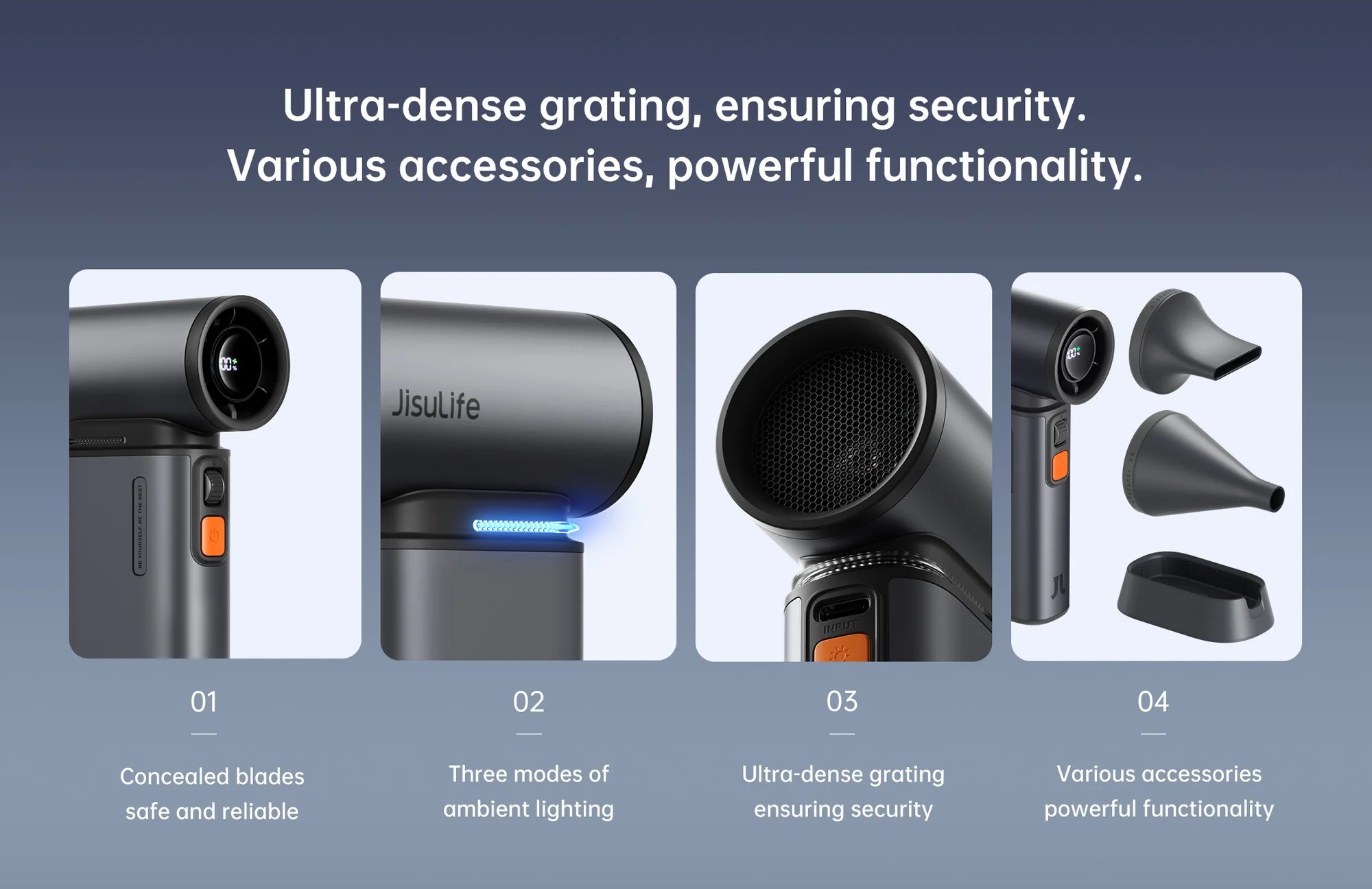 JisuLife Ultra1 Handheld Fan 100 Speed 9000mAh Fast Charging Key Features: 100 adjustable speed levels 9000mAh rechargeable battery 19m/s powerful airflow 18W fast charging support 1–6 hours operating time Quiet operation (50dB) Lightweight and portable design Multifunctional accessories included Built-in LED light