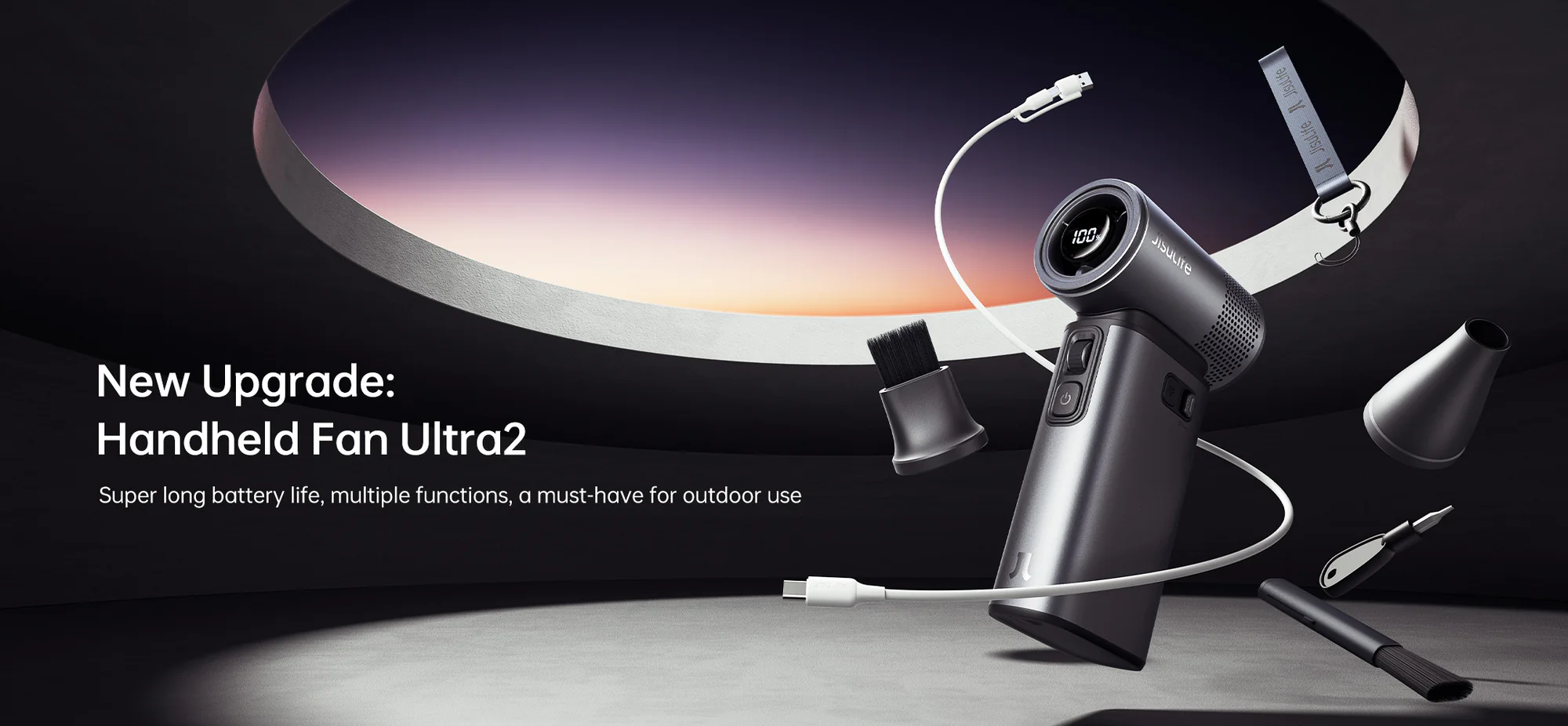 JisuLife Ultra2 Handheld Fan 100 Speed 9000mAh Fast Charging Key Features: 100-level wind speed adjustment 9000mAh high-capacity battery Up to 25 hours battery backup 18W fast charging support 2.5–3.5 hours charging time Removable rear grid design Lightweight and portable build